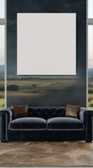 Moody White Frame on Black Wall Featuring Elegant Couch and Scenic Landscape Background