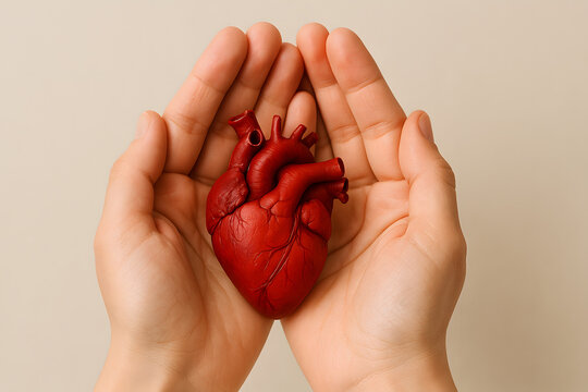 Human heart model held in hands, symbol of care and compassion, medical anatomy concept close up, healthcare and organ donation awareness, life support, protection and emotional health metaphor