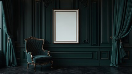Elegant Green Room with Vintage Chair and Decorative Frame on Dark Floor