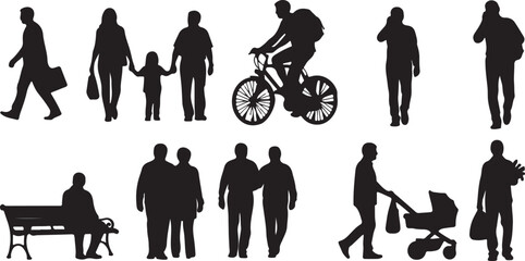 Obraz premium Group of People Silhouettes – Vector Illustration of Human Figures in Crowd, Families, Friends, Teams, and Business Groups Standing, Walking, Talking, and Celebrating Together