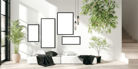Bright Open Space Interior Mockup Featuring Plants and Blank Picture Frames