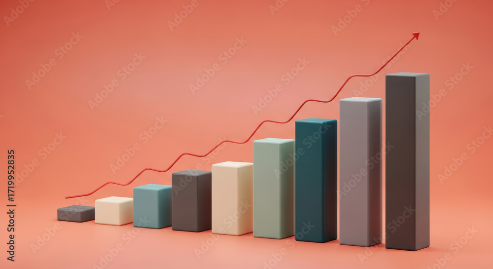 Poster steady growth trajectory a bar graph with an ascending red arrow, illustrating consistent progress, 