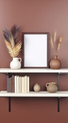 Warm Terracotta Wall Mockup with Shelves and Natural Decor Elements