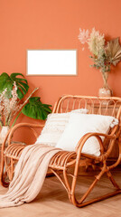 Stylish Warm Terracotta Wall with Cozy Rattan Seating and Decorative Accents