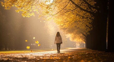 A lone figure walks down a sun-dappled path lined with golden autumn trees, with leaves falling around them.