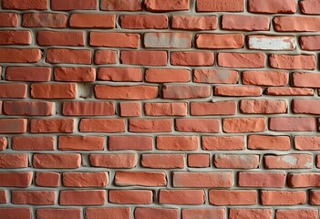 Rough-textured brick wall, varying shades of red and brown, showing age and weathering, masonry, brick facade