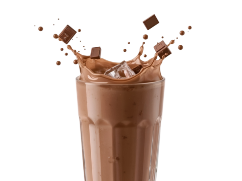 Chocolate milkshake splash with ice cubes and chocolate pieces falling into glass on transparent background. black background isolated on a transparent background - Powered by Adobe