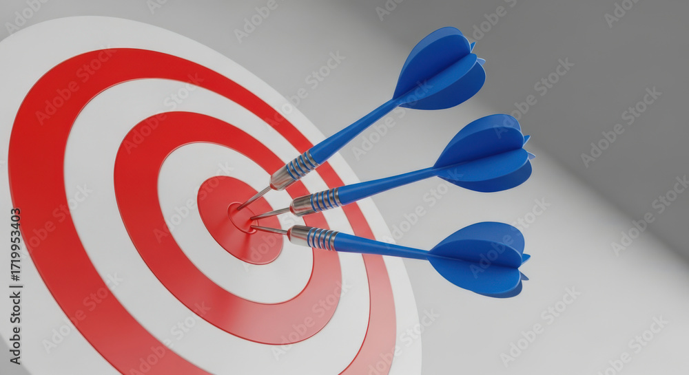 Poster precision and success a dartboard with three darts hitting the bullseye achieving goals and targets 