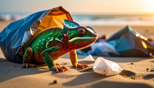 Camale&oacute;n entre basura simboliza la contradicci&oacute;n entre adaptaci&oacute;n y destrucci&oacute;n, una met&aacute;fora visual del impacto humano y la necesidad urgente de elegir un futuro sostenible para la vida en la Tierra