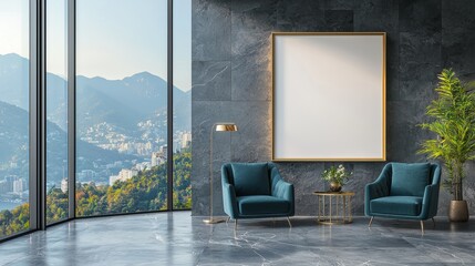 Modern office lounge with white frame artwork and stunning mountain view windows