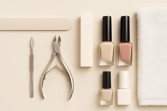 Professional manicure tools flat lay with nail polish bottles, cuticle nipper and nail file on neutral beige background, beauty salon equipment arrangement for cosmetic care concept