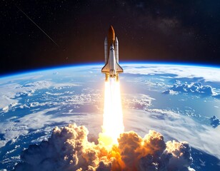 Naklejka premium A space shuttle takes off, ascending above Earth's atmosphere, leaving a trail of fire.