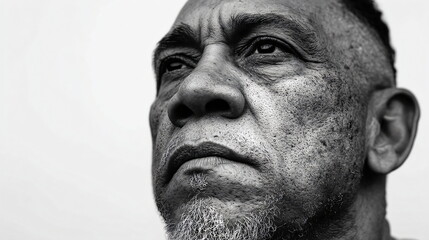 Fototapeta premium Close-up of an african american man in black and white. Detailed portrait showing skin texture and beard stubble. Concept of aging, wisdom, and raw emotion.