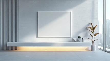 Modern Minimalist Interior with Empty Frame and Decorative Plants in Bright Space