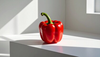 Single red bell pepper on white surface—glossy texture, curved green stem, and sharp shadow evoke freshness, simplicity, and natural elegance in minimalist culinary still life composition.