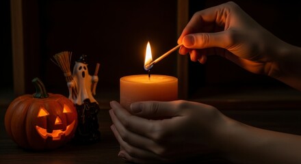 A hand lights a candle with a match, with a carved pumpkin and a ghost decoration in the background, creating a spooky Halloween atmosphere.