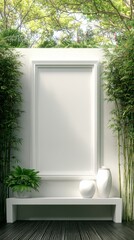 Modern White Frame with Zen-Inspired Design Surrounded by Lush Greenery