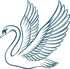 Elegant teal outline of a swan with wings spread in flight