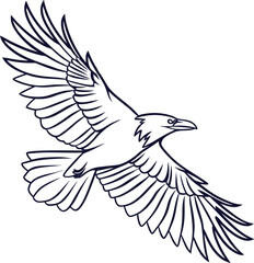 Stylized dark blue outline of a raven in flight with wings spread wide