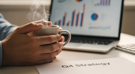 A person holding a steaming mug of coffee while looking at a laptop displaying financial charts and a document labeled "Q4 Strategy".