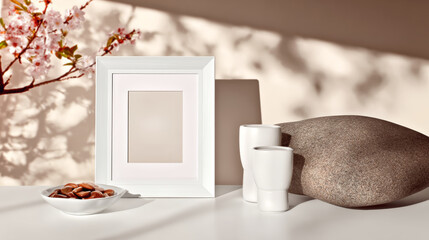 Elegant White Frame and Decorative Objects on Minimalist Office Wall with Shadows
