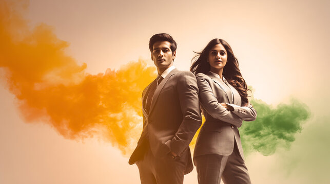 Confident Indian Business Couple in Front of National Flag with Saffron, White, and Green Trails &ndash; Patriotic Republic Day Empowerment Scene