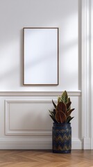 Elegant White Frame Mockup on Wall with Potted Plant in Contemporary Interior Space