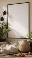 Cozy Small Room with Empty Frame and Warm Textures Surrounded by Green Plants