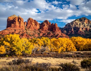 Autumn landscape with vibrant red rock formations and golden aspen trees