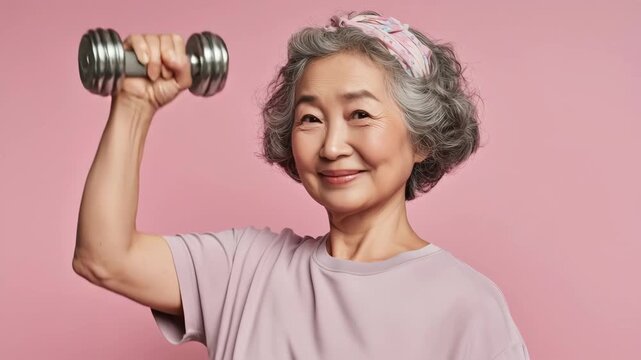 女性が桃色背景でダンベルを持ち穏やかに笑う