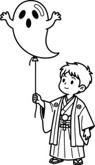 Boy in kimono holds ghost balloon line art illustration
