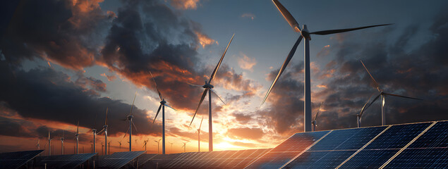 Clean Energy Concept with Photorealistic Wind Turbines and Solar Panels in Natural Landscape