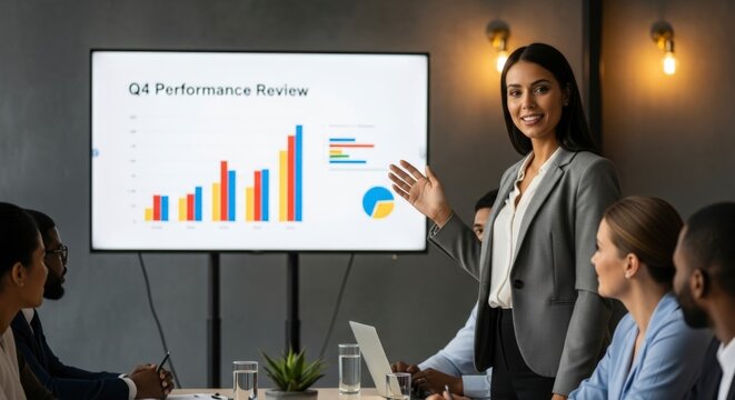 A confident businesswoman presents a Q4 performance review with a bar graph and pie chart to her colleagues in a modern office setting. - Powered by Adobe