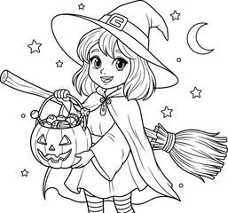 Cute witch with candy bucket ready for halloween coloring