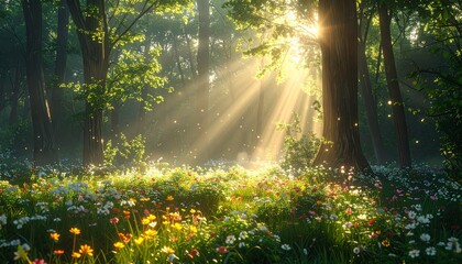 Fototapeta premium A magical spring forest scene with golden sunlight streaming through trees, perfect for nature themes, wellness, relaxation, and inspirational designs.