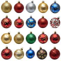 Grid of 20 Colorful Christmas Ornaments with Decorative Patterns on White Background