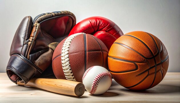 Sports gear set with baseball glove, bat, ball, boxing glove, football, and basketball on wood—textured arrangement evokes athletic diversity, tradition, and kinetic potential in minimalist compositio