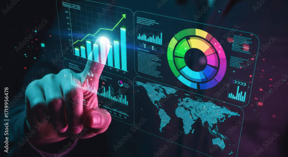 Aufkleber navigating global business intelligence with interactive financial charts and graphs on a holographi