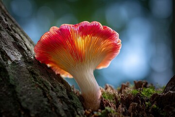 Vibrant Red and Yellow Mushroom Growing on Tree Trunk in Forest