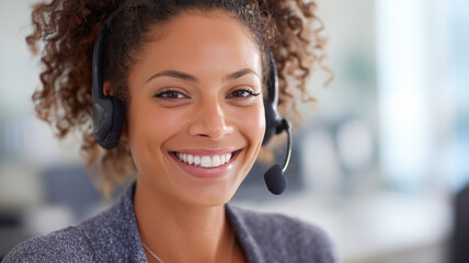 Young Professional Woman with Headset on Modern Call Center Background