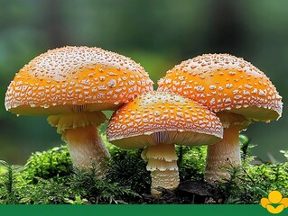 Three Amanita muscaria mushrooms with white warts on a mossy forest floor