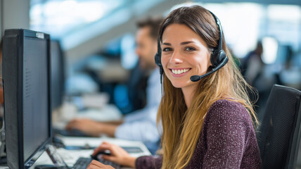 Young Professional Woman with Headset on Modern Call Center Background