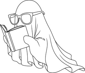 Ghost with glasses reading a book line art illustration
