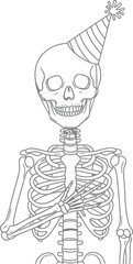 Line art skeleton wearing a party hat on a white background