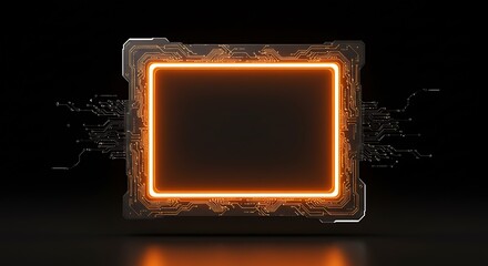 Orange Neon Square Frame Glowing in Dark Background.