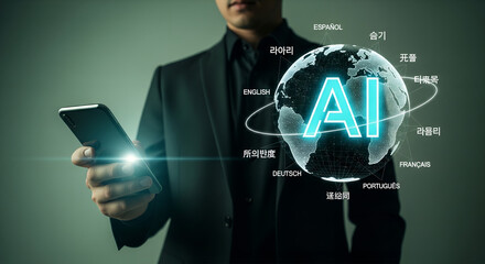 Man holding smartphone with glowing ai globe and digital data streams around him