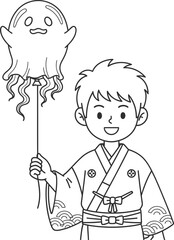 Boy in kimono holds a ghost balloon on a white background