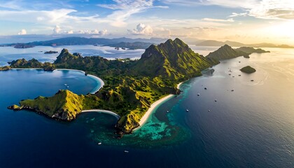 Fototapeta premium Aerial vista of a remote, tropical island with lush green hills, white sand beaches, and turquoise waters under a golden sky