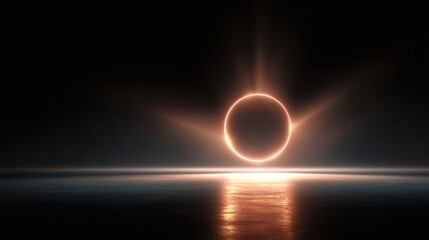 Abstract glowing circle with bright rays and reflection on dark gradient background.
