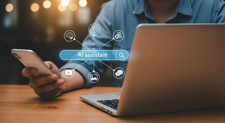 Man using smartphone and laptop with digital security icons and search bar overlay